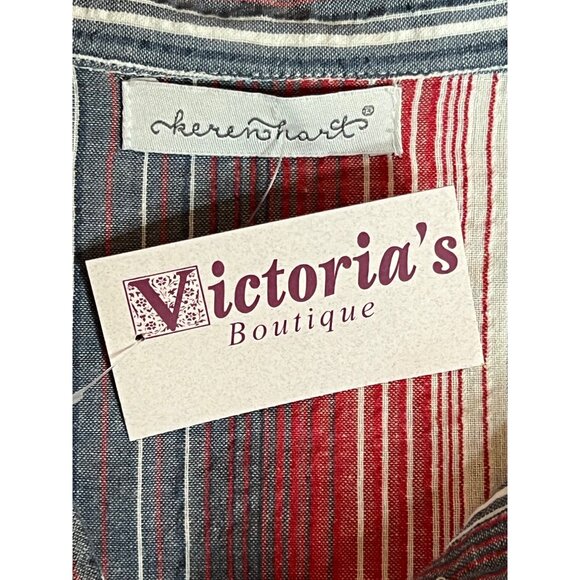 NWT Keren Hart Womens Striped Short Sleeve Shirt Large Red/Blue Cotton Button - Picture 9 of 16